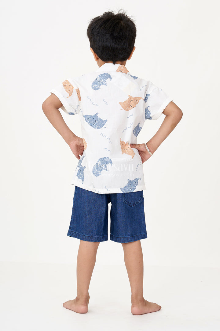The Nesavu Boys Casual Set Boys Casual Two Piece Sets with White Animal Print Shirt and Denim Blue Cotton Shorts Nesavu Nesavu Boys Casual Two Piece Sets White Animal Printed Shirt Denim Blue Shorts
