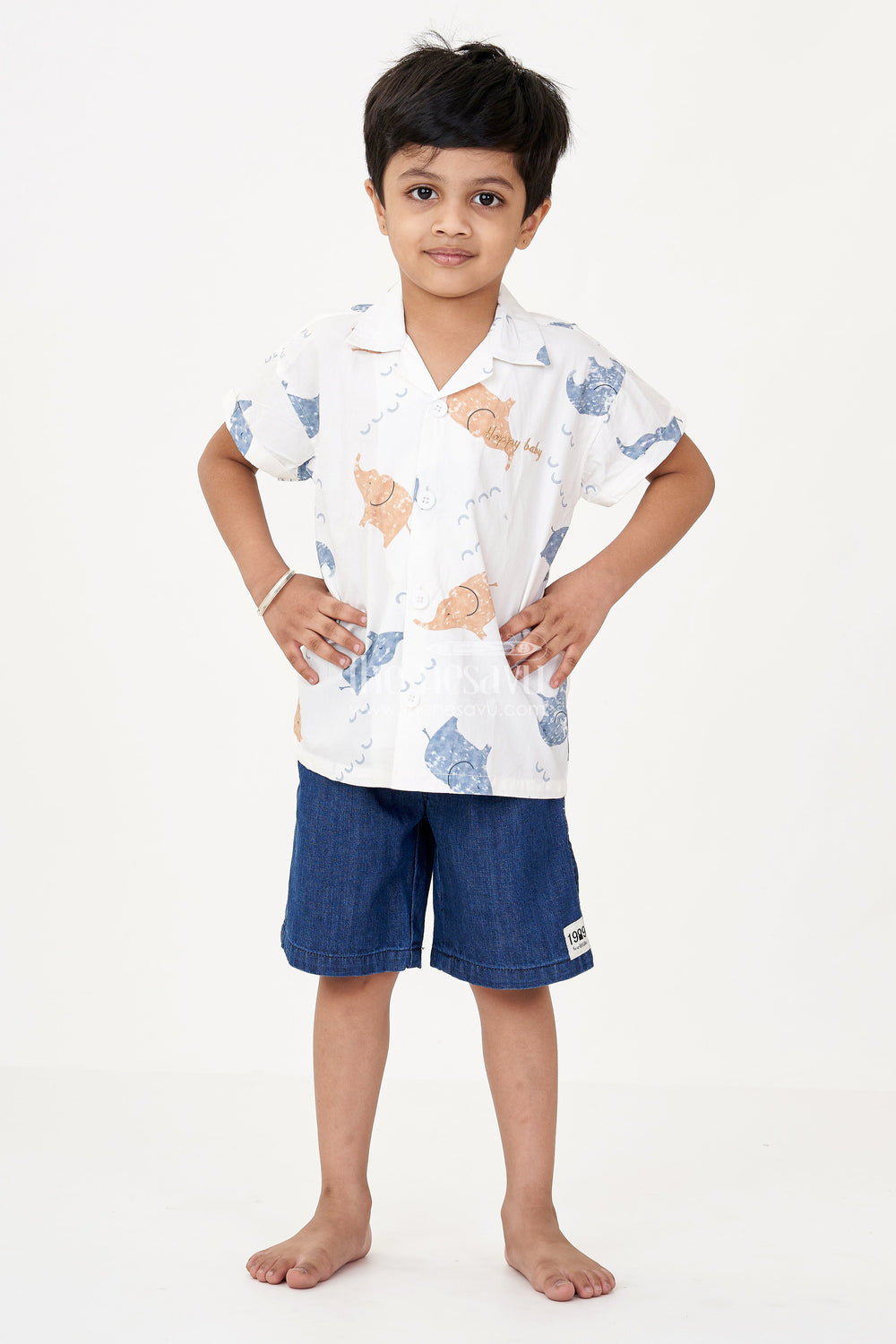 The Nesavu Boys Casual Set Boys Casual Two Piece Sets with White Animal Print Shirt and Denim Blue Cotton Shorts Nesavu Nesavu Boys Casual Two Piece Sets White Animal Printed Shirt Denim Blue Shorts