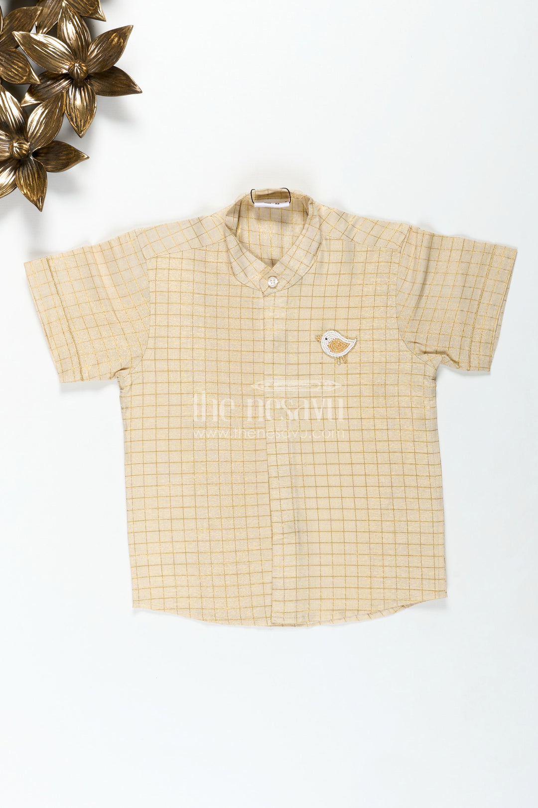 The Nesavu Boys Silk Shirt Boys Casual Wear Dres in Silk Blend with Checked Gold Thread Pattern and Decorative Leaf Embroidery Nesavu 16 (1Y) / Cream BS296B-16 Nesavu Boys Casual Wear Dres Gold Check Silk Blend Fabric Leaf Embroidery Accent