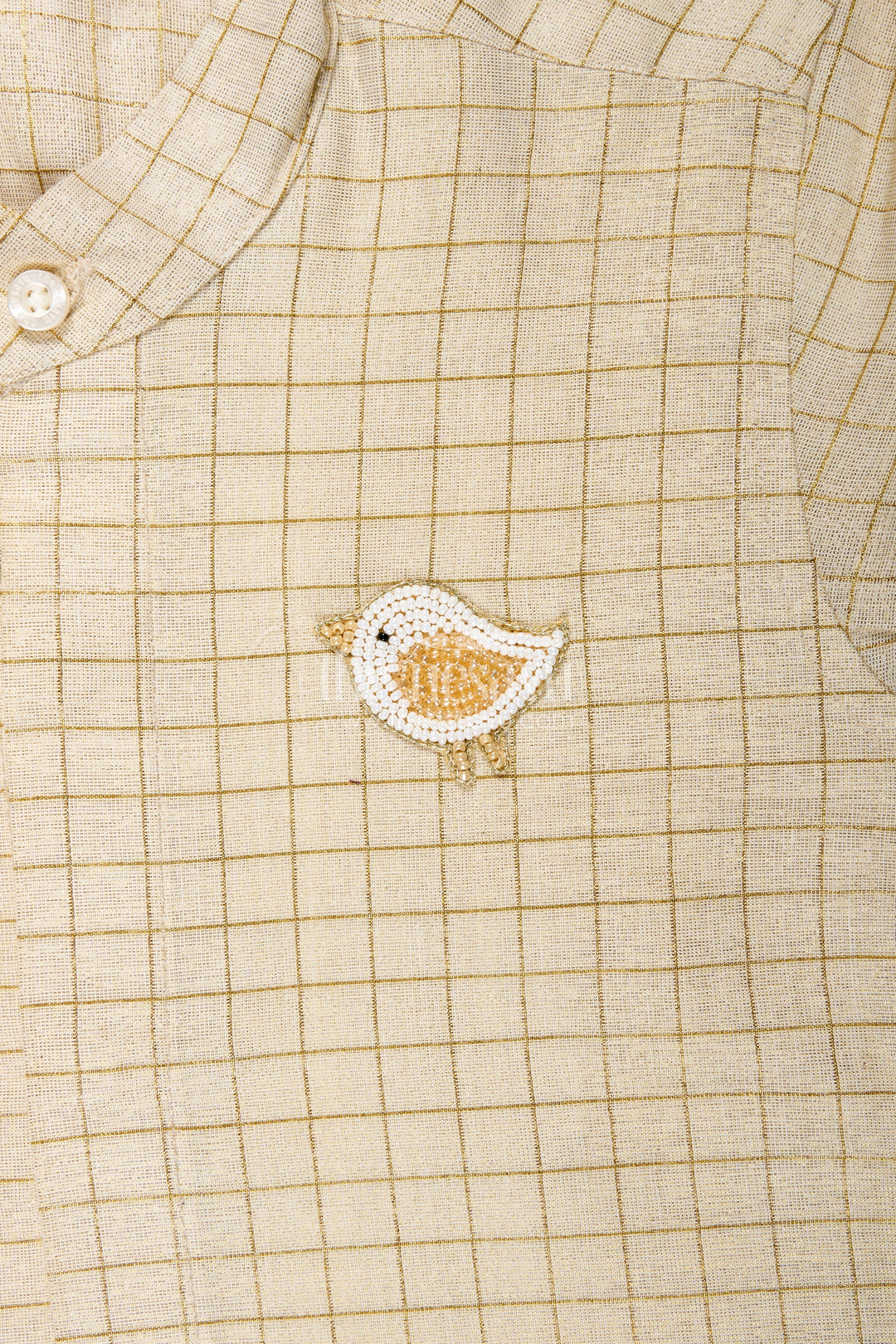 The Nesavu Boys Silk Shirt Boys Casual Wear Dres in Silk Blend with Checked Gold Thread Pattern and Decorative Leaf Embroidery Nesavu Nesavu Boys Casual Wear Dres Gold Check Silk Blend Fabric Leaf Embroidery Accent