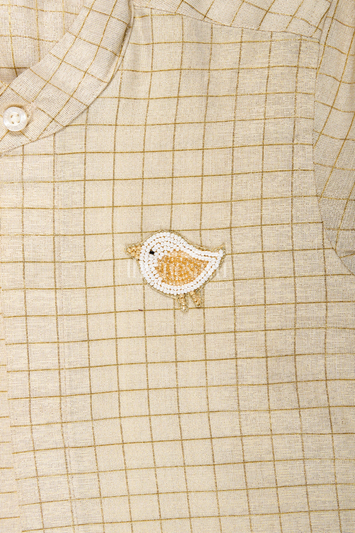 The Nesavu Boys Silk Shirt Boys Casual Wear Dres in Silk Blend with Checked Gold Thread Pattern and Decorative Leaf Embroidery Nesavu Nesavu Boys Casual Wear Dres Gold Check Silk Blend Fabric Leaf Embroidery Accent