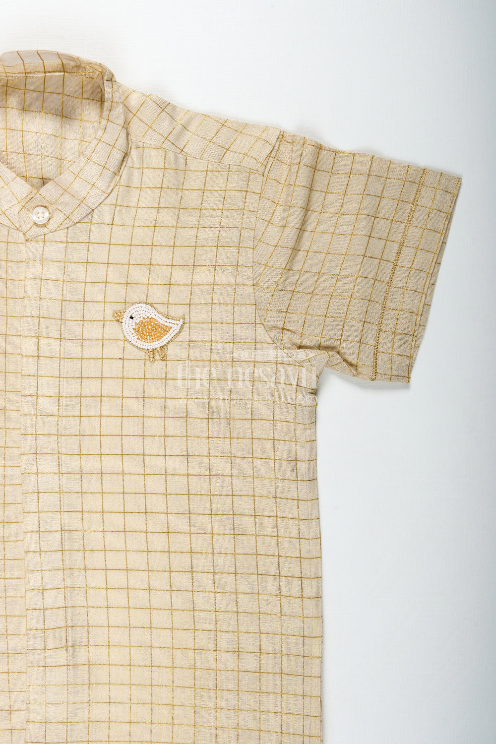 The Nesavu Boys Silk Shirt Boys Casual Wear Dres in Silk Blend with Checked Gold Thread Pattern and Decorative Leaf Embroidery Nesavu Nesavu Boys Casual Wear Dres Gold Check Silk Blend Fabric Leaf Embroidery Accent