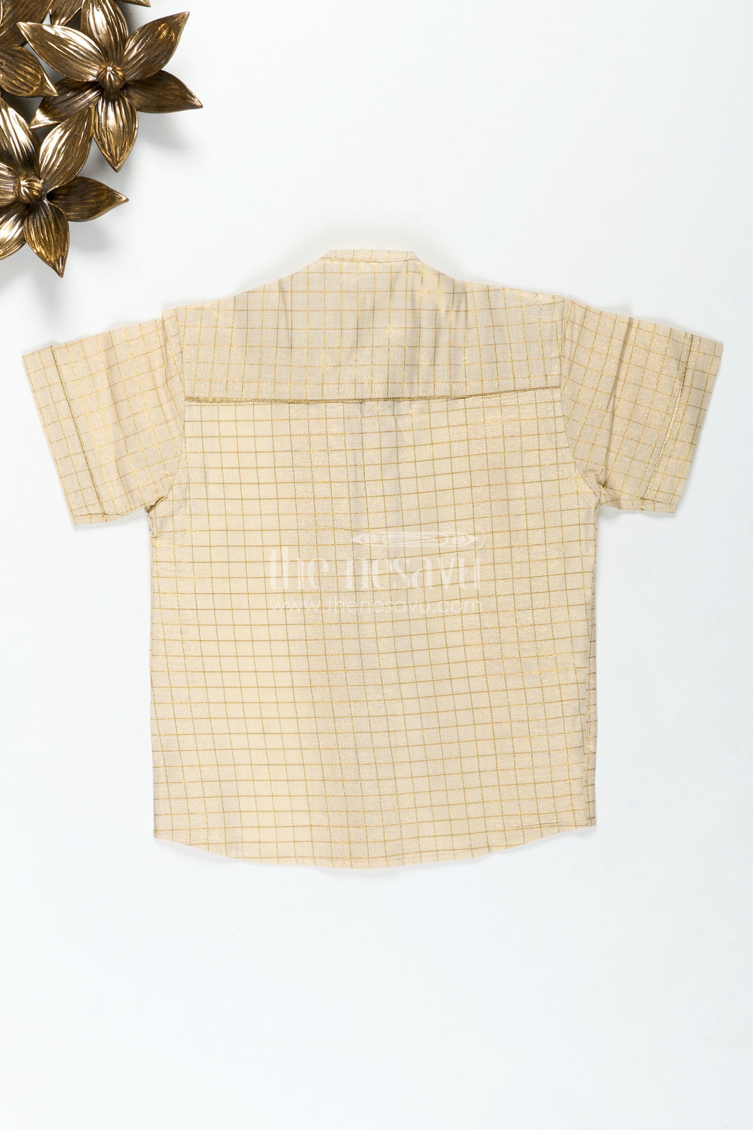 The Nesavu Boys Silk Shirt Boys Casual Wear Dres in Silk Blend with Checked Gold Thread Pattern and Decorative Leaf Embroidery Nesavu Nesavu Boys Casual Wear Dres Gold Check Silk Blend Fabric Leaf Embroidery Accent