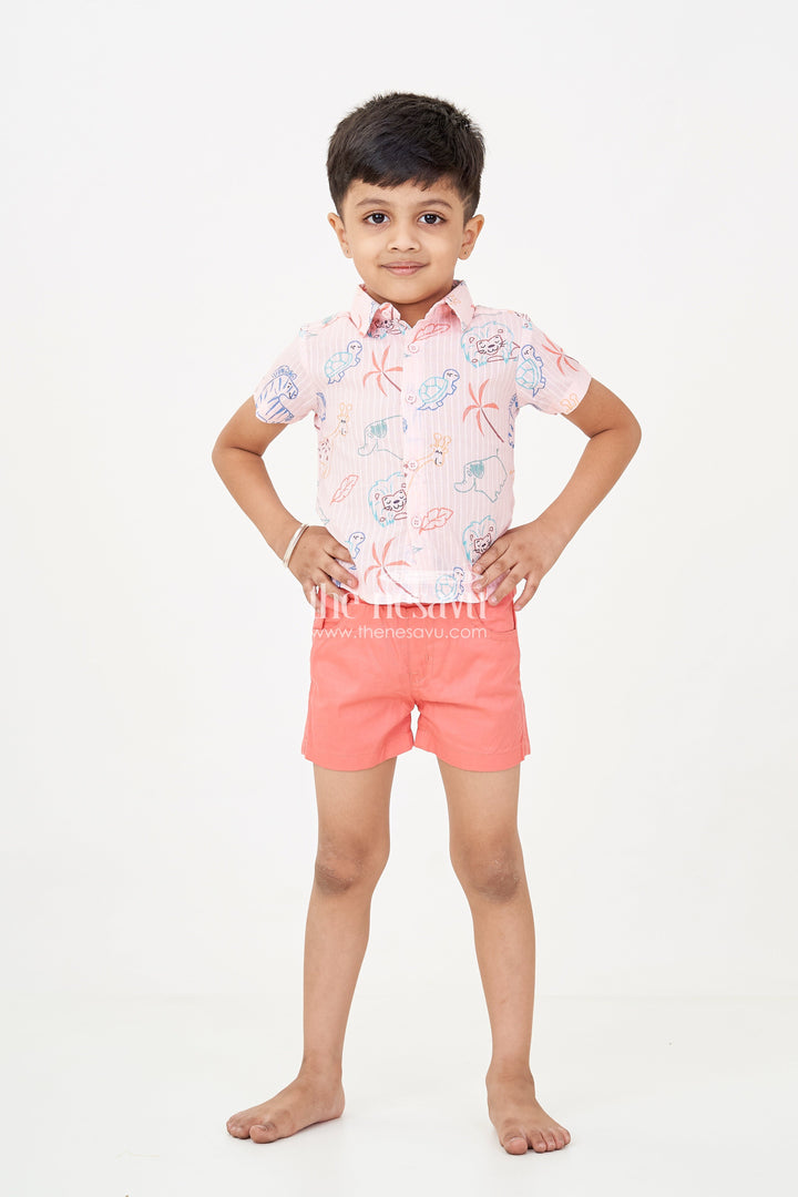 The Nesavu Boys Casual Set Boys casual western dress with Pink Animal Digital Print Shirt and Coral Shorts for Everyday Adventures Nesavu Nesavu Boys casual western dress Set Animal Print Shirt Coral Cotton Shorts Summer Play