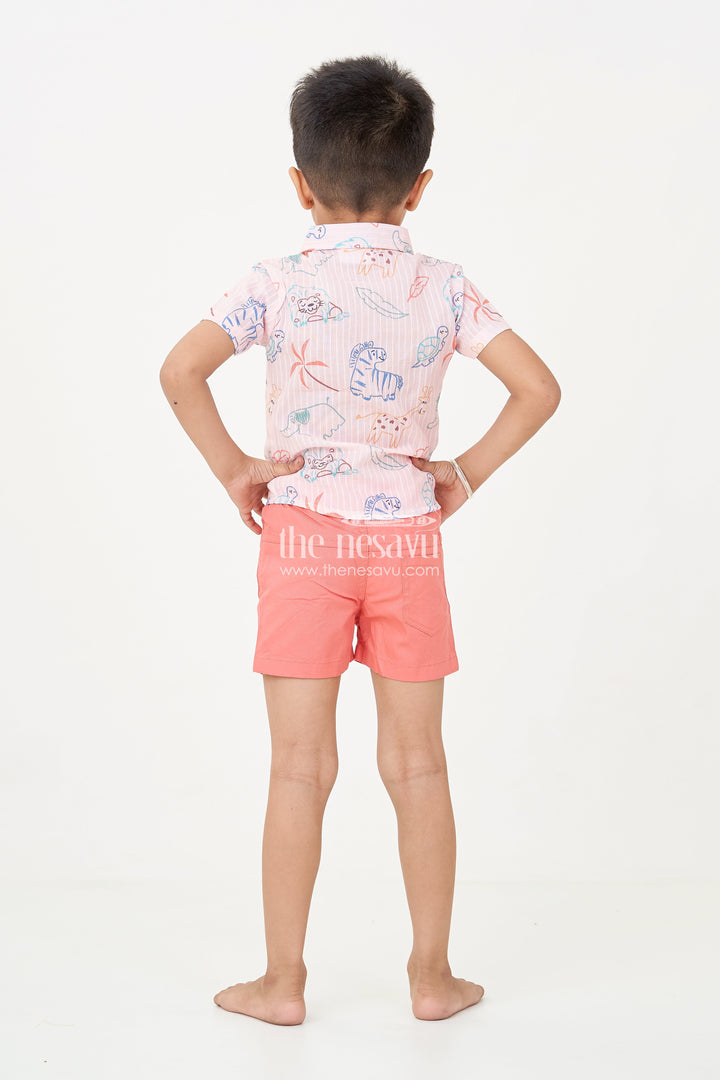 The Nesavu Boys Casual Set Boys casual western dress with Pink Animal Digital Print Shirt and Coral Shorts for Everyday Adventures Nesavu Nesavu Boys casual western dress Set Animal Print Shirt Coral Cotton Shorts Summer Play