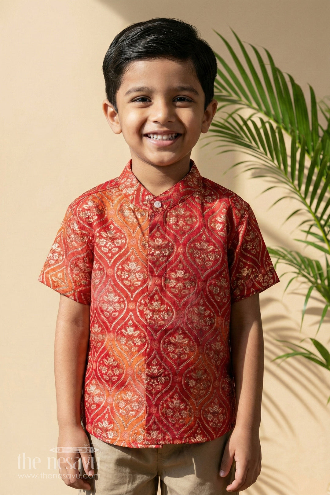 The Nesavu Boys Cotton Shirt Boys Chanderi Casual Shirt Designer Mandarin Collar Shirt for Kids Nesavu 16 (1Y) / Red / Chanderi BS155A-16 Boys Chanderi Casual Shirt | The Nesavu