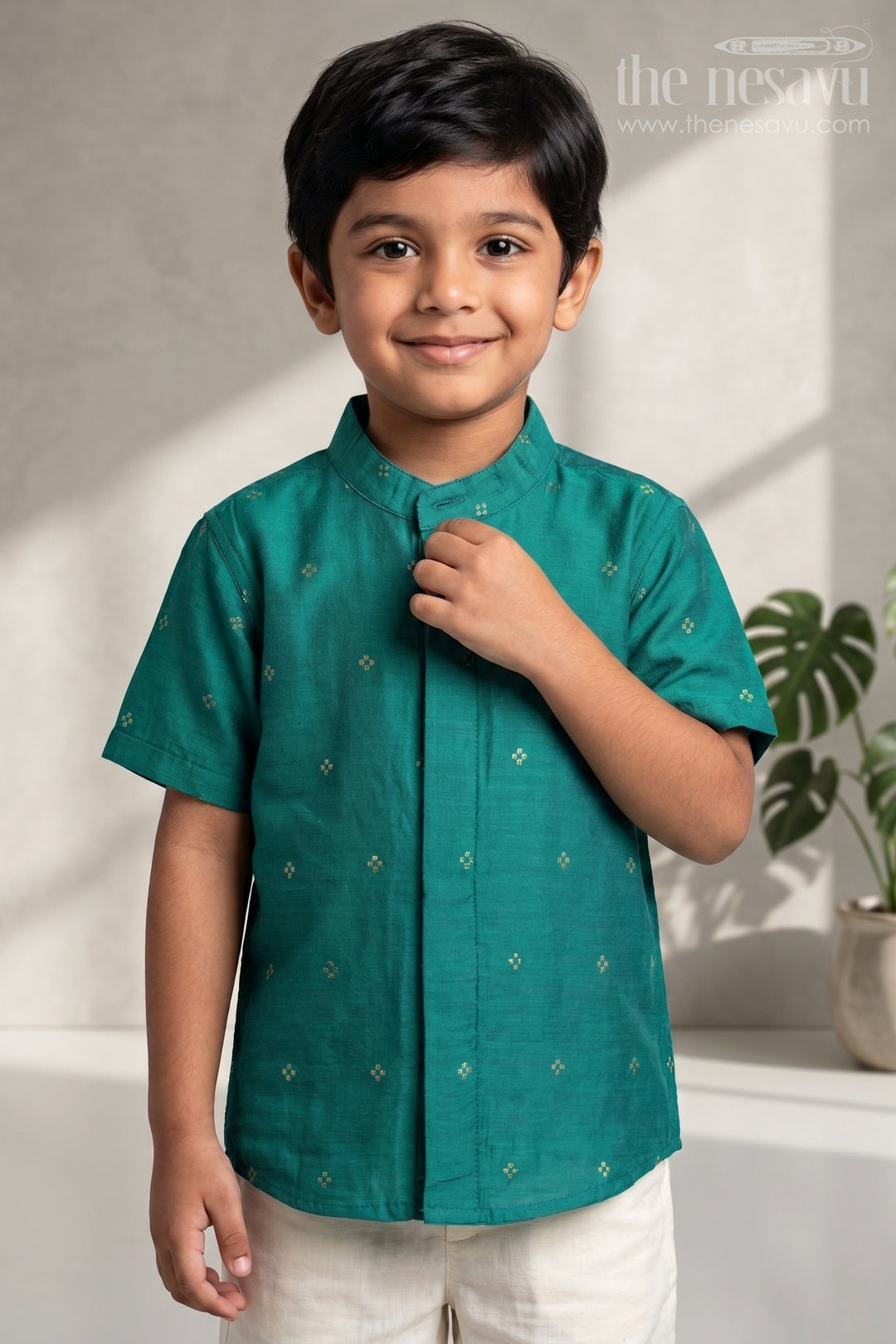 The Nesavu Boys Cotton Shirt Boys Chanderi Shirt for Festive Gatherings and Holiday Wear Nesavu 16 (1Y) / Blue / Chanderi BS506A-16 Nesavu Boys Chanderi Cotton Shirt With Jacquard Print For Festive Gatherings And Holidays