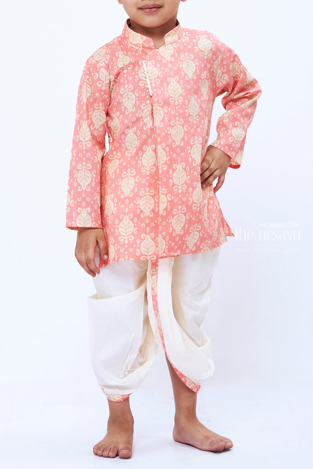 The Nesavu Boys Dothi Set Boys Charming Pink Paisley Print Kurta with White Dhoti Set Nesavu Boys Pink Paisley Kurta White Dhoti Set | Festive and Fun Ethnic Wear | The Nesavu