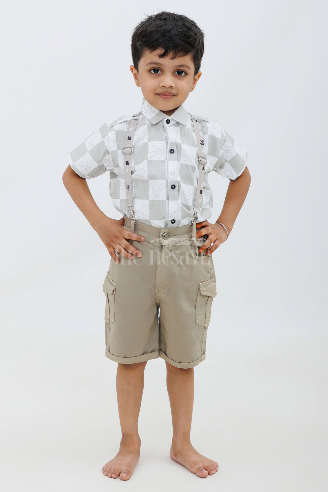 The Nesavu Boys Casual Set Boys' Checked Popcorn Material Suspender Set Nesavu 14 (6M) / multicolor BCS087A-14 Boys' Checked Popcorn Material Suspender Set - Casual Summer Outfit