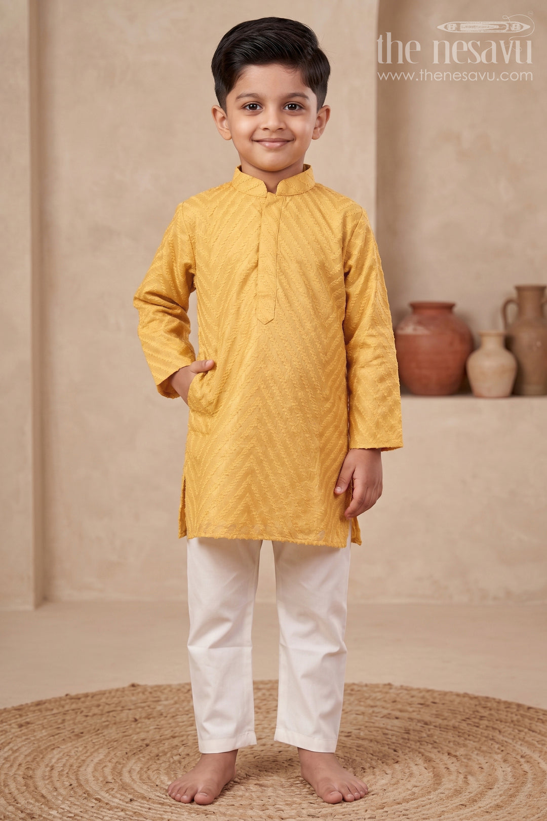 The Nesavu Boys Kurtha Set Boys Chevron Textured Kurta Set for Wedding Functions Nesavu 18 (2Y) / Gold BES758A-18 Nesavu boys chevron patterned kurta churidar set silk blend weddings family functions