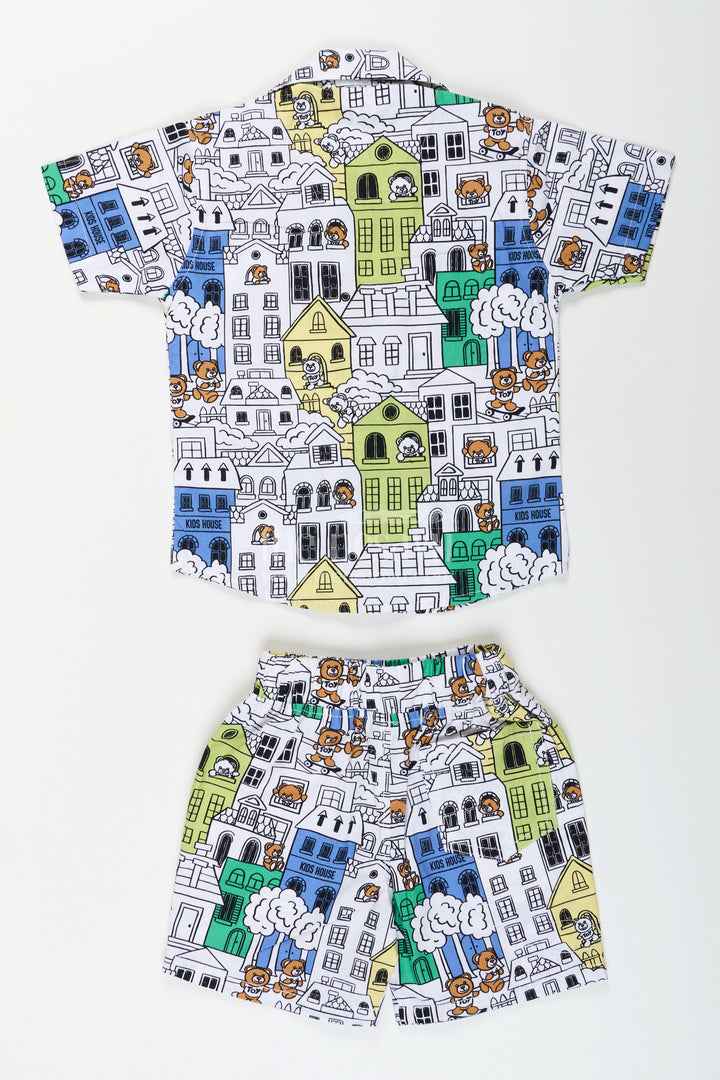 The Nesavu Boys Casual Set Boys cityscape printed cotton co-ord set in green and blue tones Nesavu Nesavu boys cityscape print cotton co-ord set in green fun casual outfit for toddlers