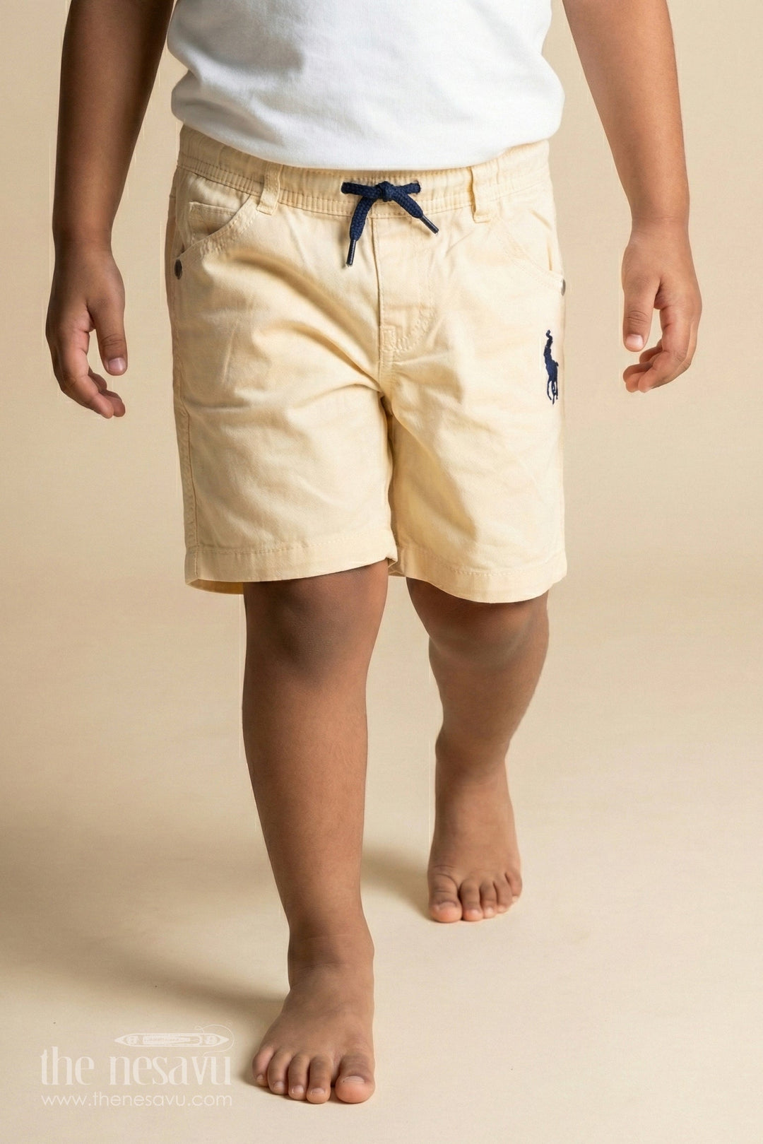 The Nesavu Boys Shorts Boys Classic Beige Drawstring Shorts with Embroidered Detail Nesavu 18 (2Y) / Beige / Cotton BWS001C-18 Trendy Boys Beige Cotton Shorts | The Nesavu