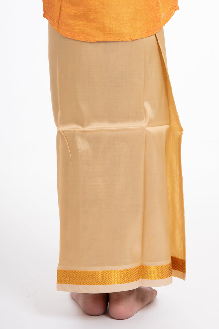The Nesavu Boys Vesti Boys Classic Beige Silk Dhoti with Golden Detailing Nesavu Shop Boys Beige Silk Dhoti with Golden Stripes | Traditional Wear for Boys | The Nesavu