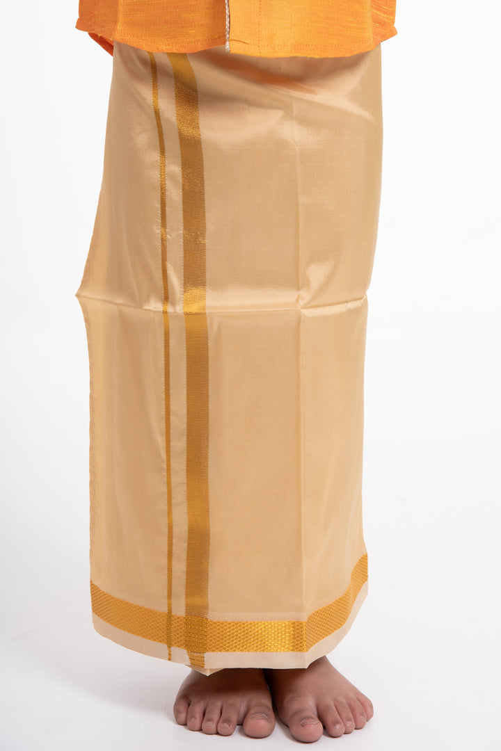 The Nesavu Boys Vesti Boys Classic Beige Silk Dhoti with Golden Detailing Nesavu Shop Boys Beige Silk Dhoti with Golden Stripes | Traditional Wear for Boys | The Nesavu