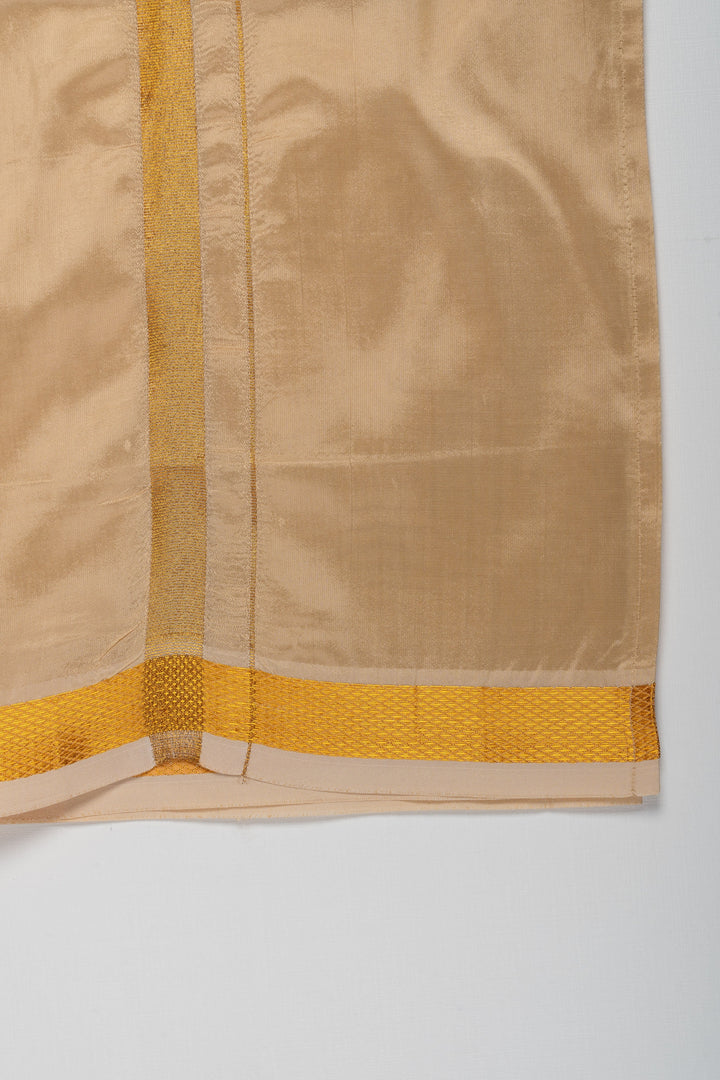 The Nesavu Boys Vesti Boys Classic Beige Silk Dhoti with Golden Detailing Nesavu Shop Boys Beige Silk Dhoti with Golden Stripes | Traditional Wear for Boys | The Nesavu