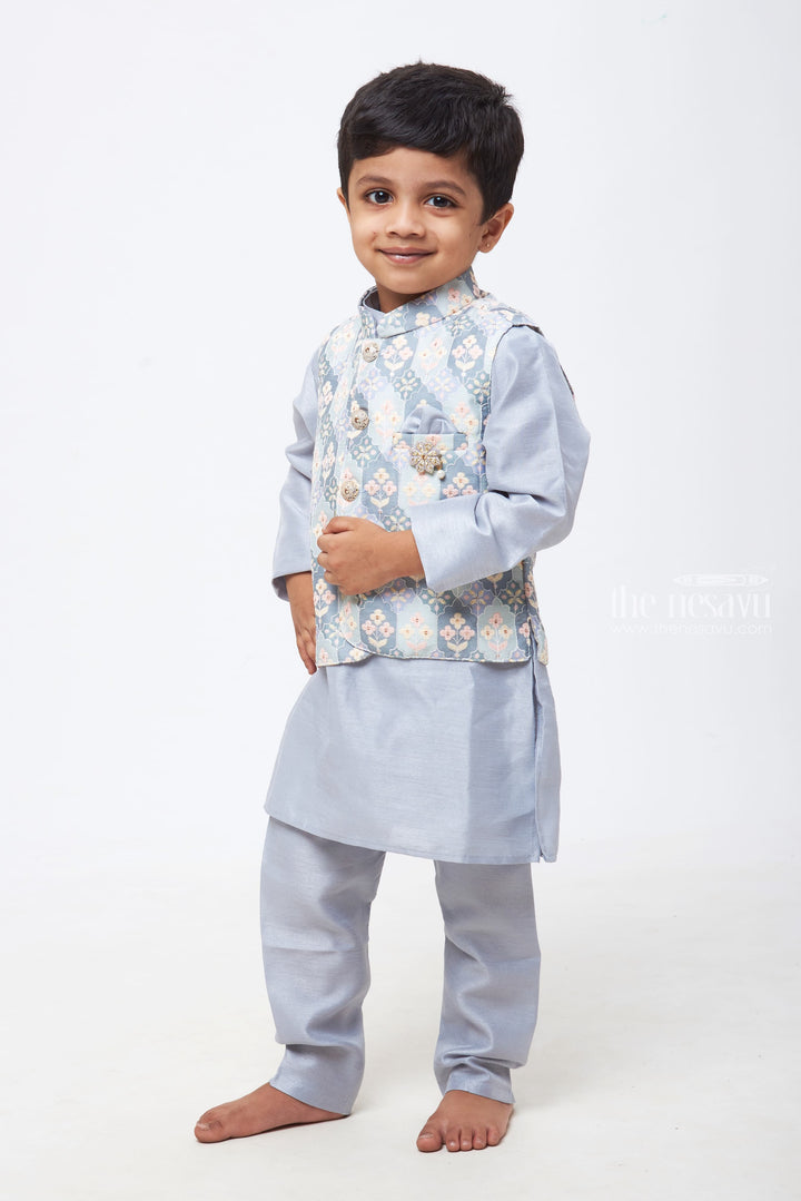 The Nesavu Boys Jacket Sets Boys' Classic Ensemble: Embroidered Grey Kurta & Trousers Set with Floral Accents Nesavu Chic and Traditional | Boys Kurta Set with Jacket for Festive Celebrations | The Nesavu