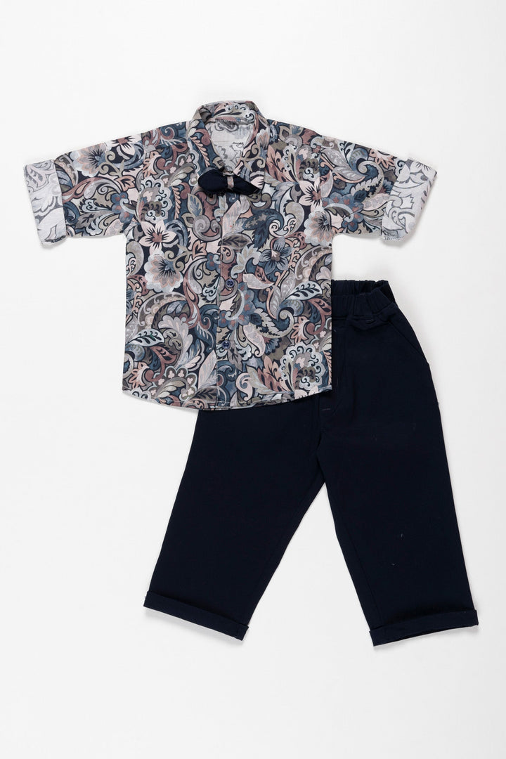 The Nesavu Boys Casual Set Boys Classic Floral Print Shirt & Pant Set - Stylish Ensemble for All Occasions Nesavu 10 (NB) / Blue / Cotton BCS009A-10 Shop Boys Floral Shirt & Navy Pants Set | Versatile & Trendy | The Nesavu