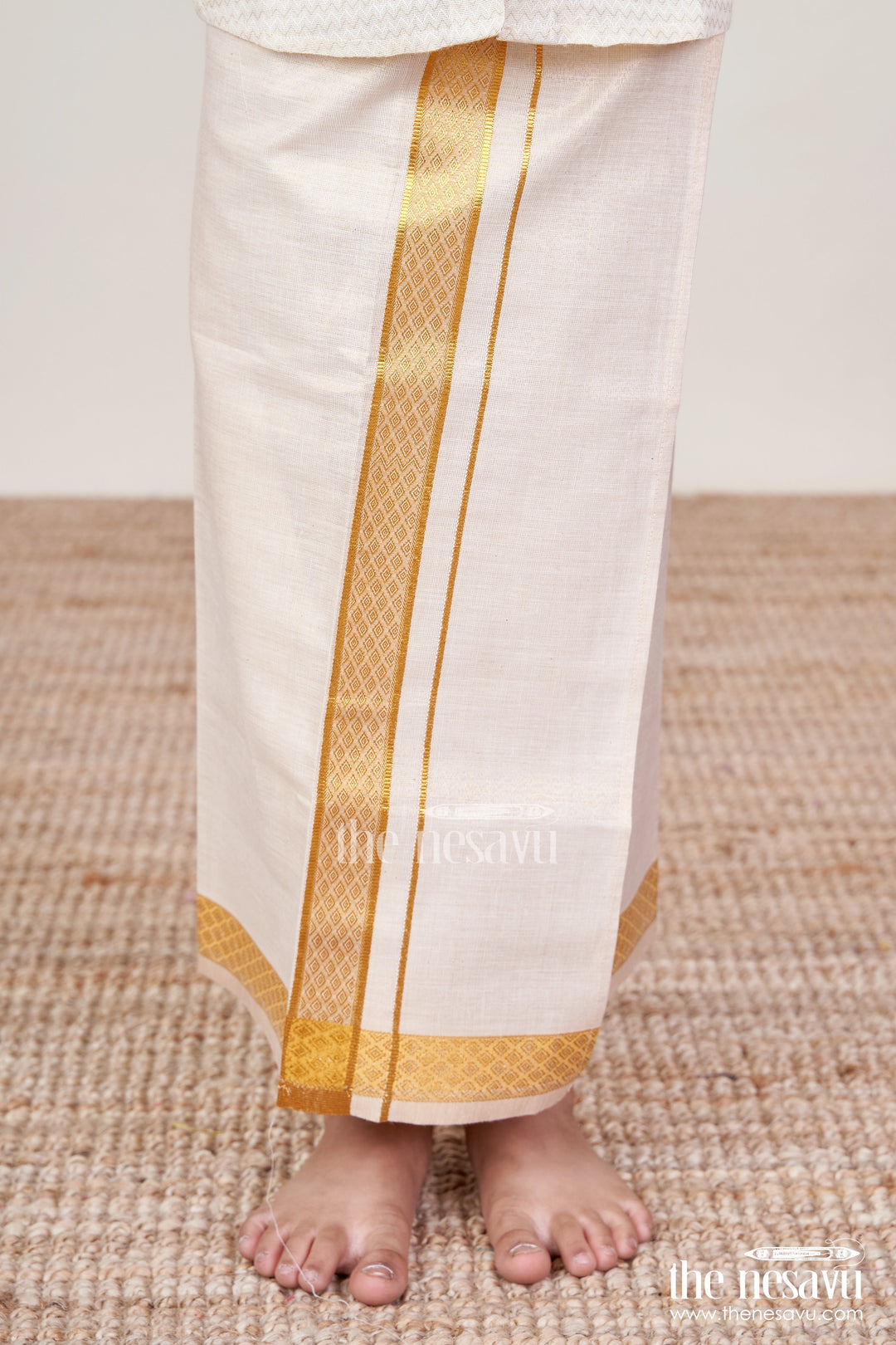The Nesavu Boys Vesti Boys Classic Vesti for Temple Wear and School Ethnic Day Nesavu 16 (1Y) / Cream D035A-16 Nesavu boys tissue vesti gold border school ethnic wear traditional rituals