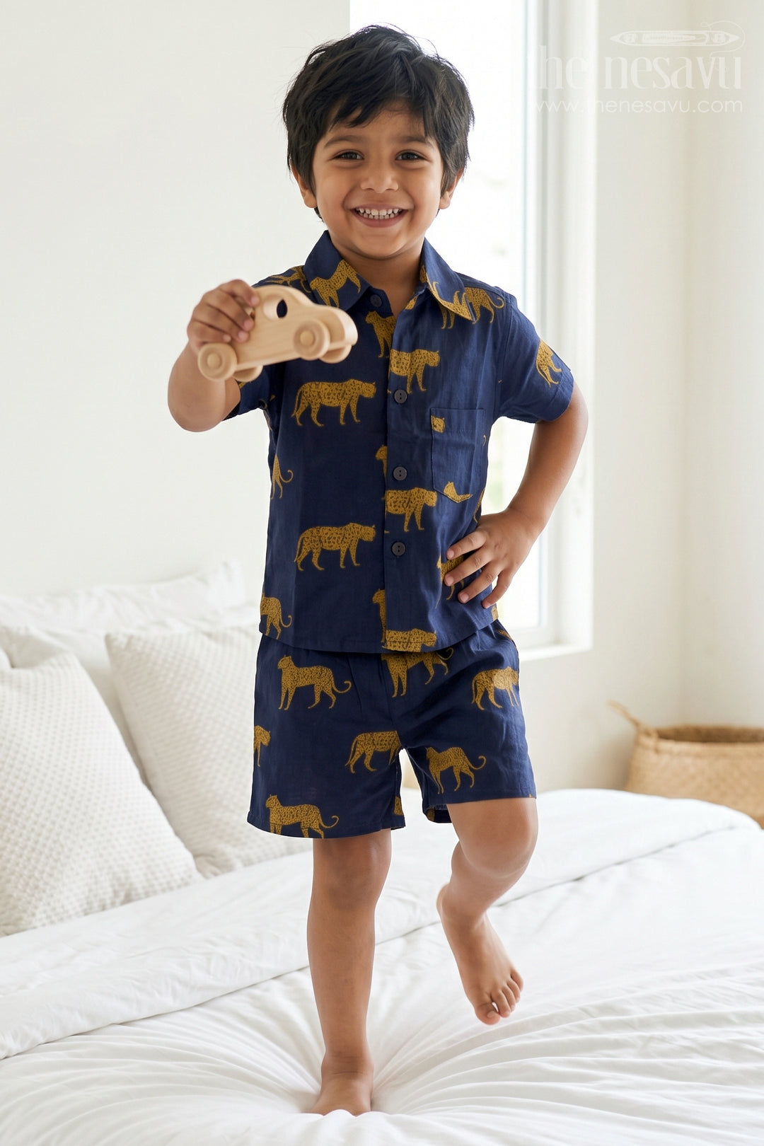 The Nesavu Boys Casual Set Boys Co Ord Set for Summer Outings and Casual Playtime Nesavu 16 (1Y) / Blue / Cotton BCS613A-16 Nesavu Boys Cotton Co Ord Set For Summer Outings With Digital Print Shirt And Shorts Casual Wear
