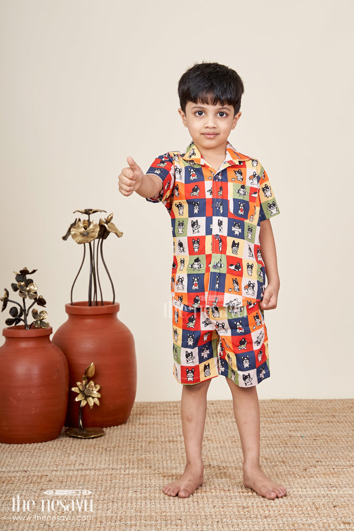 The Nesavu Boys Casual Set Boys colorful dog print cotton co-ord set for playful summer days Nesavu 16 (1Y) / Multicolor BCS393A-16 Nesavu boys multicolor dog print co-ord set fun cotton summer outfit for toddlers