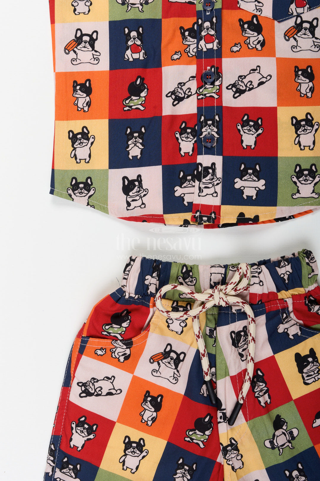 The Nesavu Boys Casual Set Boys colorful dog print cotton co-ord set for playful summer days Nesavu Nesavu boys multicolor dog print co-ord set fun cotton summer outfit for toddlers
