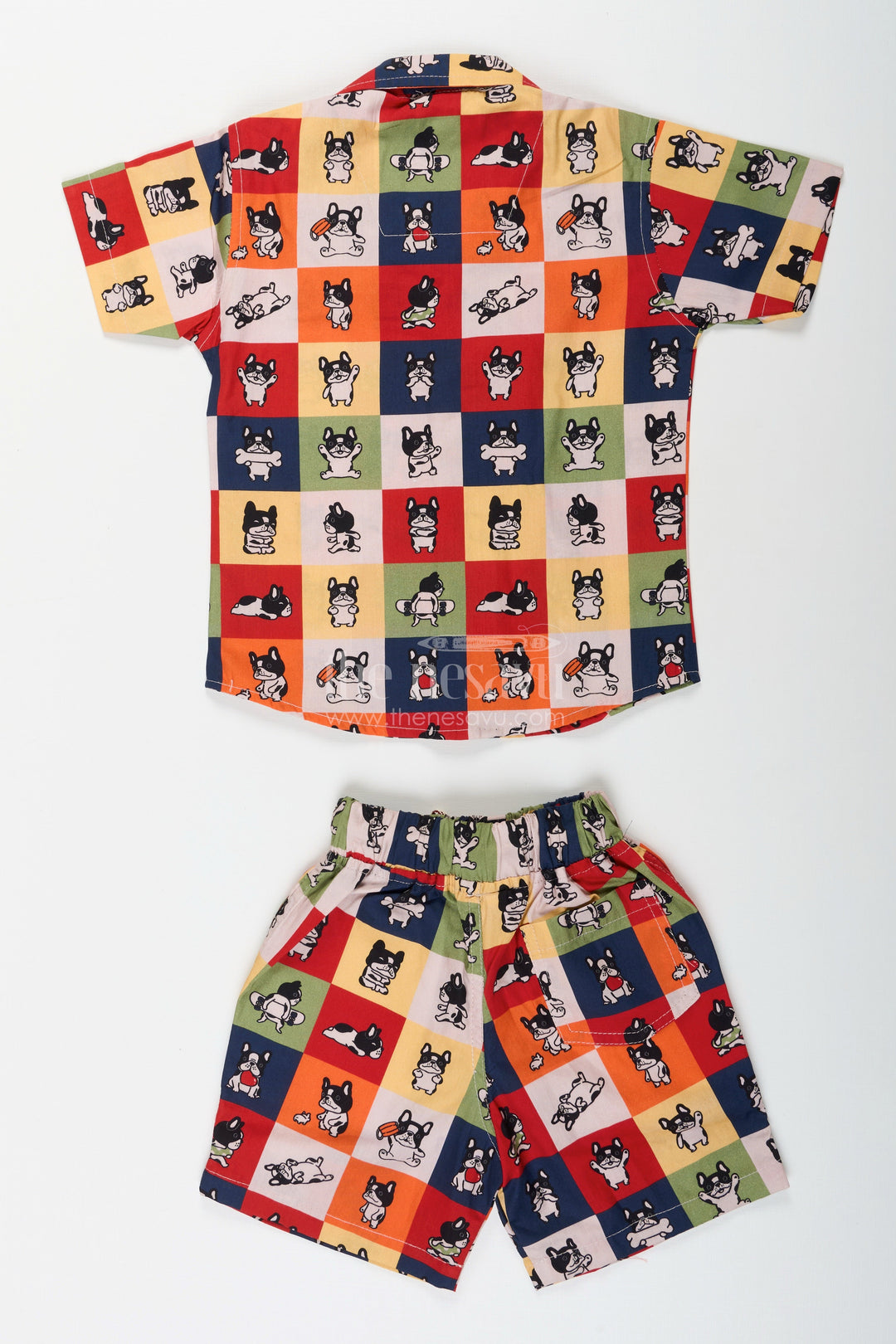 The Nesavu Boys Casual Set Boys colorful dog print cotton co-ord set for playful summer days Nesavu Nesavu boys multicolor dog print co-ord set fun cotton summer outfit for toddlers
