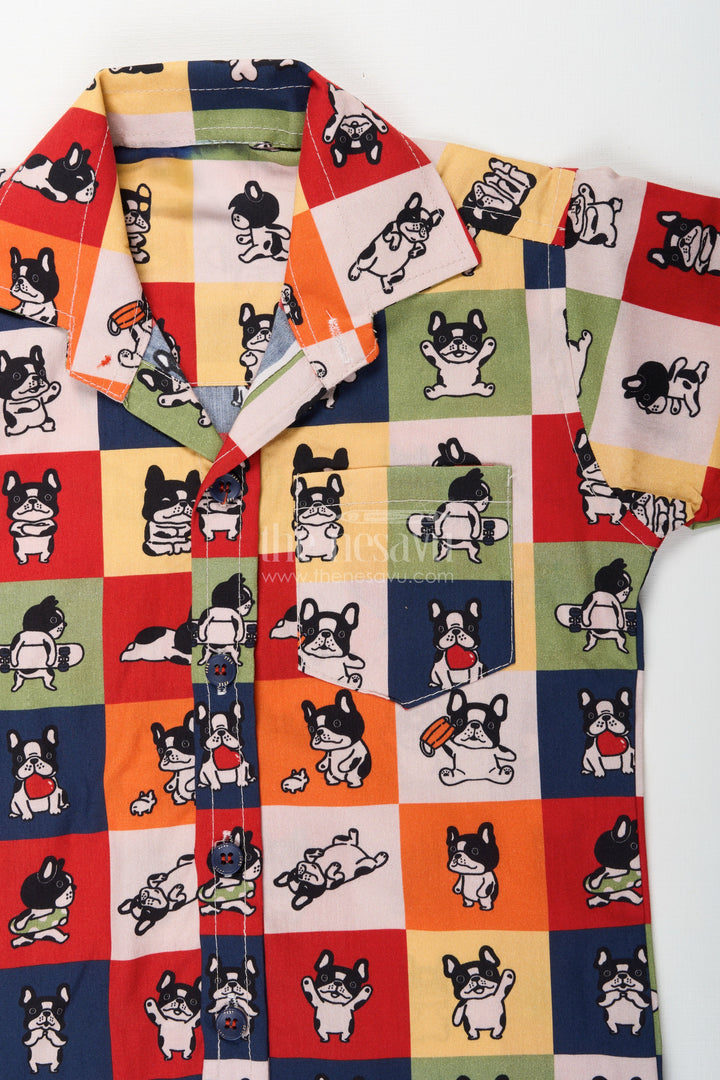 The Nesavu Boys Casual Set Boys colorful dog print cotton co-ord set for playful summer days Nesavu Nesavu boys multicolor dog print co-ord set fun cotton summer outfit for toddlers