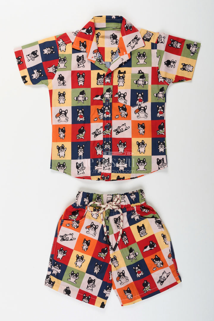The Nesavu Boys Casual Set Boys colorful dog print cotton co-ord set for playful summer days Nesavu Nesavu boys multicolor dog print co-ord set fun cotton summer outfit for toddlers