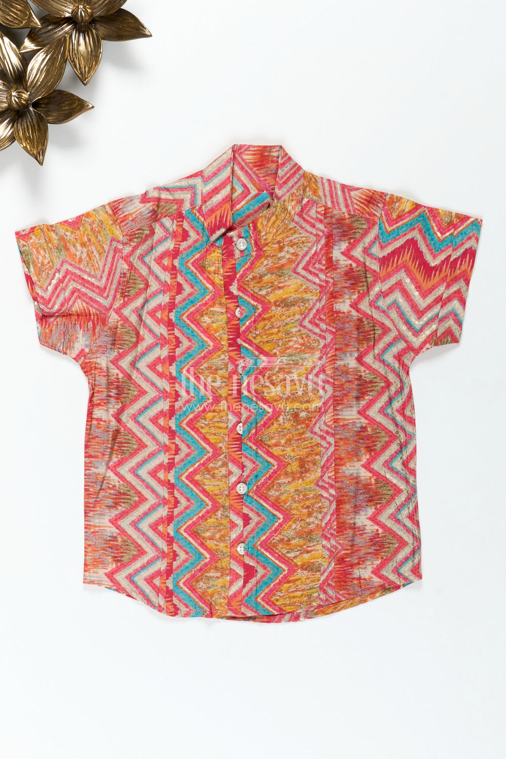 The Nesavu Boys Cotton Shirt Boys Colorful Printed Cotton Shirt for Functions with Multicolor Zigzag Pattern in Smooth Modal Silk Nesavu 16 (1Y) / Multicolor BS265A-16 Nesavu Boys Modal Silk Shirt Colorful Zigzag Digital Print Functions Festive Style