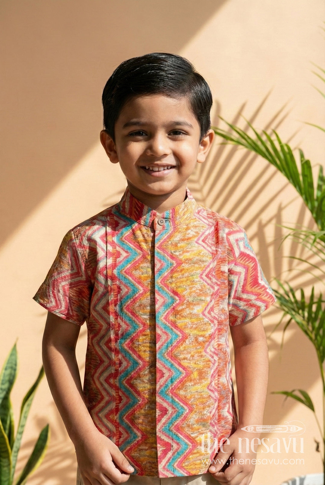 The Nesavu Boys Cotton Shirt Boys Colorful Printed Cotton Shirt for Functions with Multicolor Zigzag Pattern in Smooth Modal Silk Nesavu 16 (1Y) / Multicolor BS265A-16 Nesavu Boys Modal Silk Shirt Colorful Zigzag Digital Print Functions Festive Style
