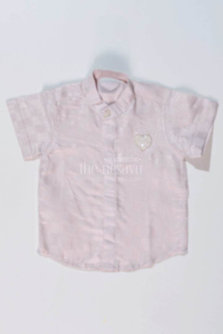 The Nesavu Boys Silk Shirt Boys Cotton and Silk Shirt in Gold with Checkered Pattern and Embellished Heart Motif Nesavu 16 (1Y) / Gold BS221B-16 Nesavu Boys Cotton Silk Shirt Gold Checkered Pattern Embellished Heart Design