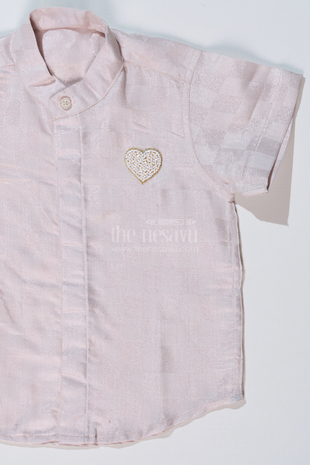 The Nesavu Boys Silk Shirt Boys Cotton and Silk Shirt in Gold with Checkered Pattern and Embellished Heart Motif Nesavu Nesavu Boys Cotton Silk Shirt Gold Checkered Pattern Embellished Heart Design