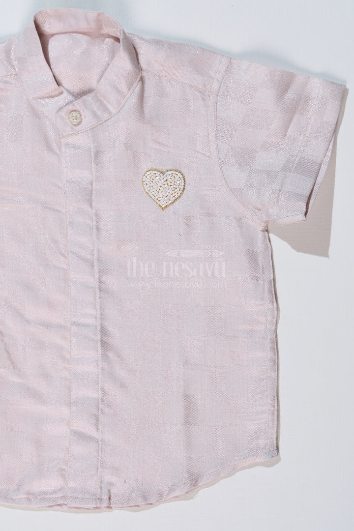 The Nesavu Boys Silk Shirt Boys Cotton and Silk Shirt in Gold with Checkered Pattern and Embellished Heart Motif Nesavu Nesavu Boys Cotton Silk Shirt Gold Checkered Pattern Embellished Heart Design