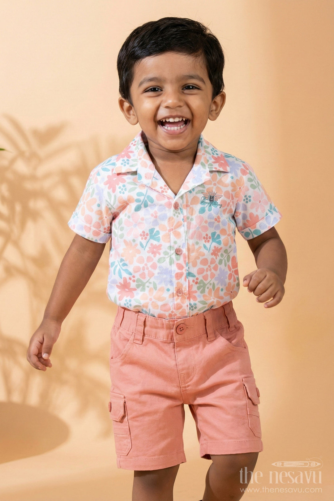 The Nesavu Boys Casual Set Boys Cotton Best Casual Dress Shirts Set with Floral Printed Shirt, Tank Tee, and Cargo Shorts Nesavu 14 (6M) / Peach BCS258A-14 Boys Best Casual Dress Shirts Set Floral Printed Shirt Tee Cargo Shorts | The Nesavu