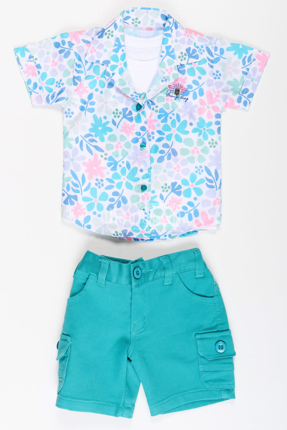 The Nesavu Boys Casual Set Boys Cotton Best Casual Shirts Set with Green Shorts and Tropical Print Combo for Everyday Wear Nesavu Boys Best Casual Shirts Set Graphic Tee Green Shorts Summer Outings | The Nesavu