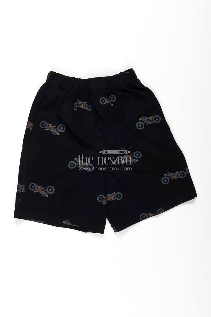 The Nesavu Boys Shorts Boys Cotton Black Shorts with Motorbike Print and Soft Stretch Waistband for Daily Comfort Nesavu 18 (2Y) / Black BWS029A-18 Nesavu Boys Black Cotton Shorts Motorbike Print Stretch Waist Active Comfort