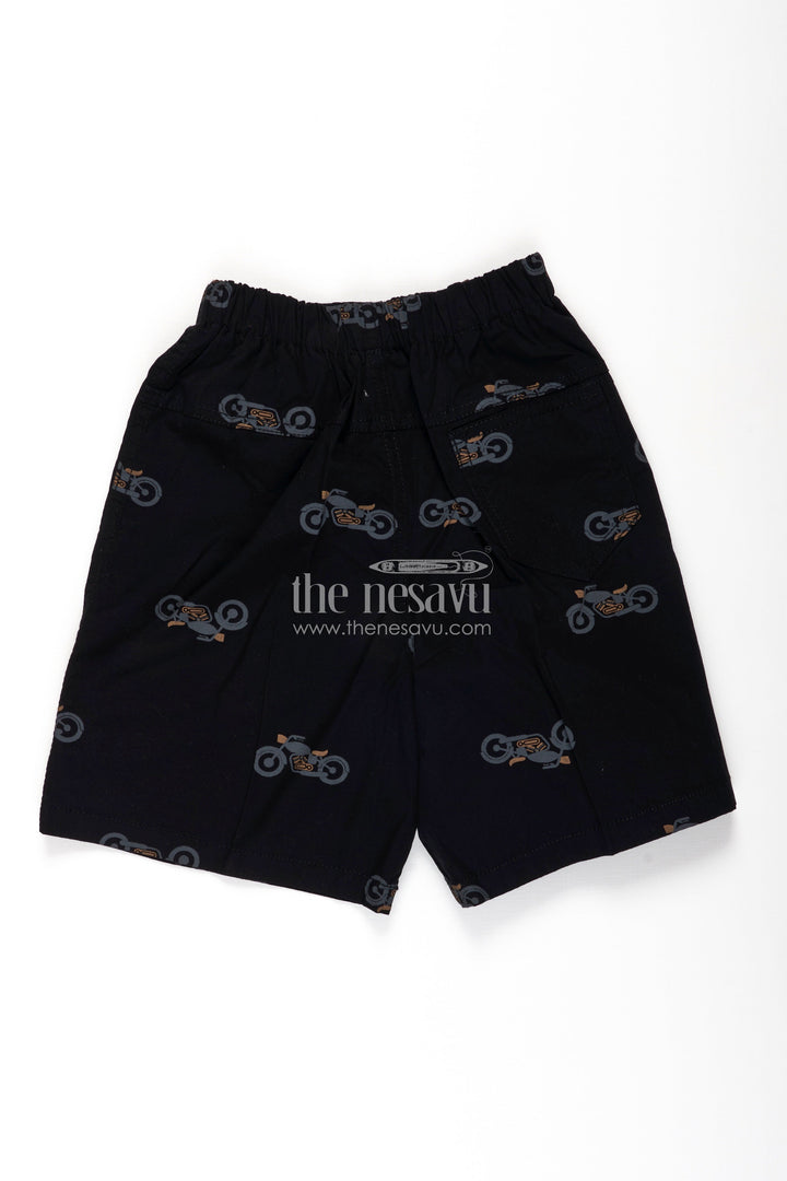 The Nesavu Boys Shorts Boys Cotton Black Shorts with Motorbike Print and Soft Stretch Waistband for Daily Comfort Nesavu Nesavu Boys Black Cotton Shorts Motorbike Print Stretch Waist Active Comfort