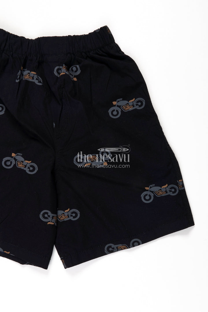The Nesavu Boys Shorts Boys Cotton Black Shorts with Motorbike Print and Soft Stretch Waistband for Daily Comfort Nesavu Nesavu Boys Black Cotton Shorts Motorbike Print Stretch Waist Active Comfort
