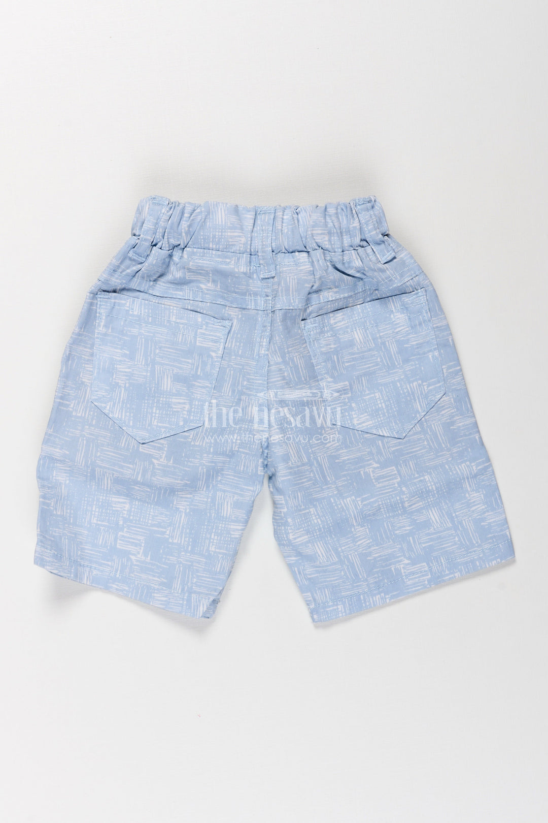 The Nesavu Boys Shorts Boys Cotton Blue Shorts with Digital Print and Adjustable Drawstring for Playful Comfort Nesavu Nesavu Boys Light Blue Cotton Shorts White Digital Print Adjustable Waistband