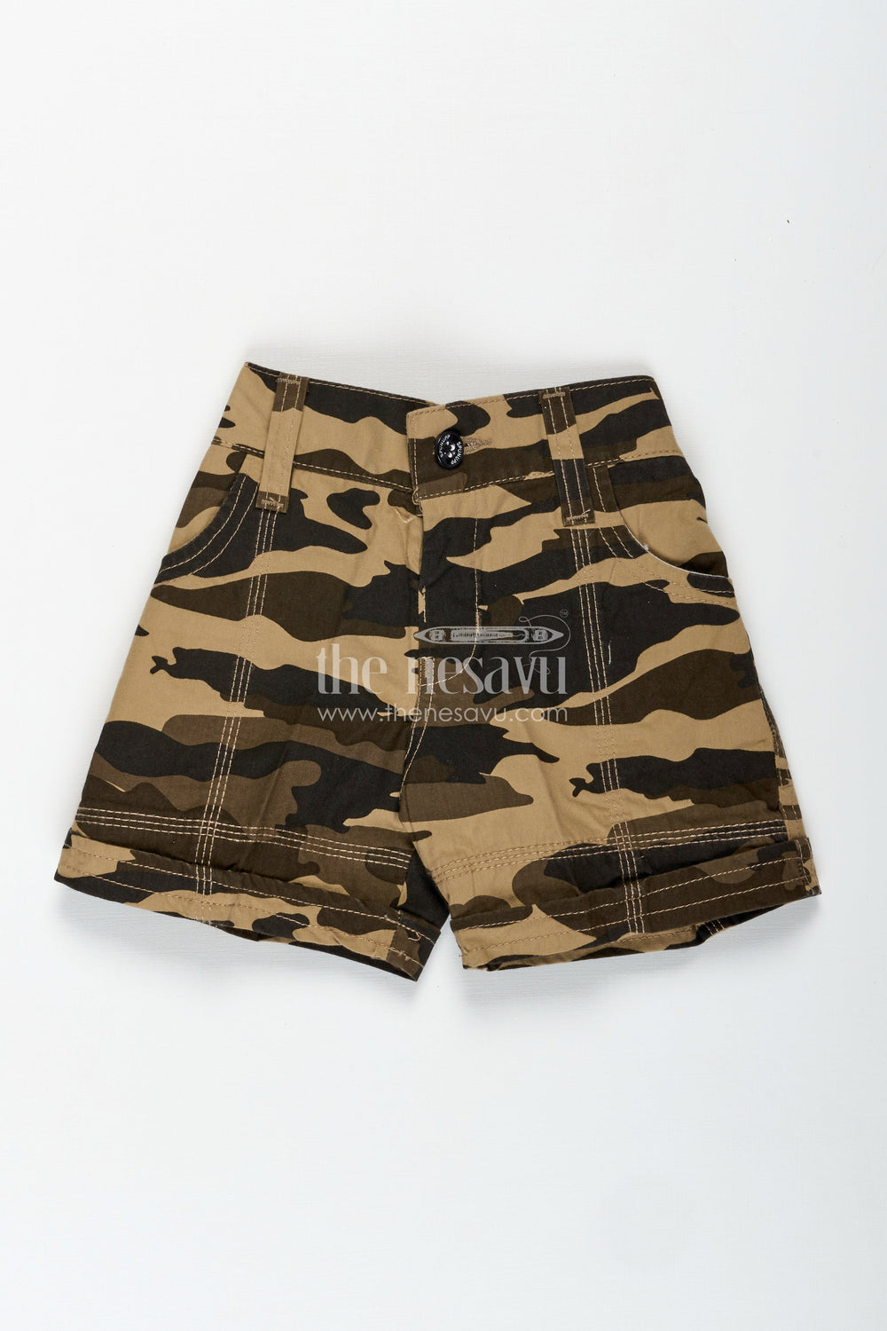 The Nesavu Boys Shorts Boys Cotton Camouflage Shorts with Stitch Details in Cotton Shorts Frock Style Nesavu 16 (1Y) / Green BWS006E-16 Nesavu Boys Camo Print Cotton Shorts Belt Loops Contrast Stitch Rugged Shorts Style