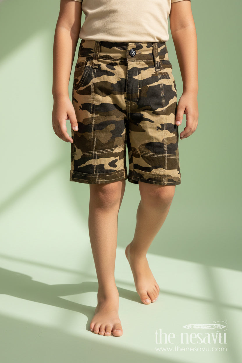 The Nesavu Boys Shorts Boys Cotton Camouflage Shorts with Stitch Details in Cotton Shorts Frock Style Nesavu 16 (1Y) / Green BWS006E-16 Nesavu Boys Camo Print Cotton Shorts Belt Loops Contrast Stitch Rugged Shorts Style
