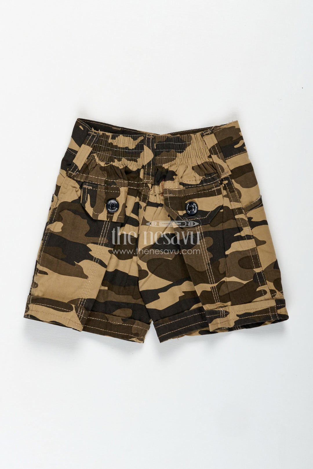 The Nesavu Boys Shorts Boys Cotton Camouflage Shorts with Stitch Details in Cotton Shorts Frock Style Nesavu Nesavu Boys Camo Print Cotton Shorts Belt Loops Contrast Stitch Rugged Shorts Style