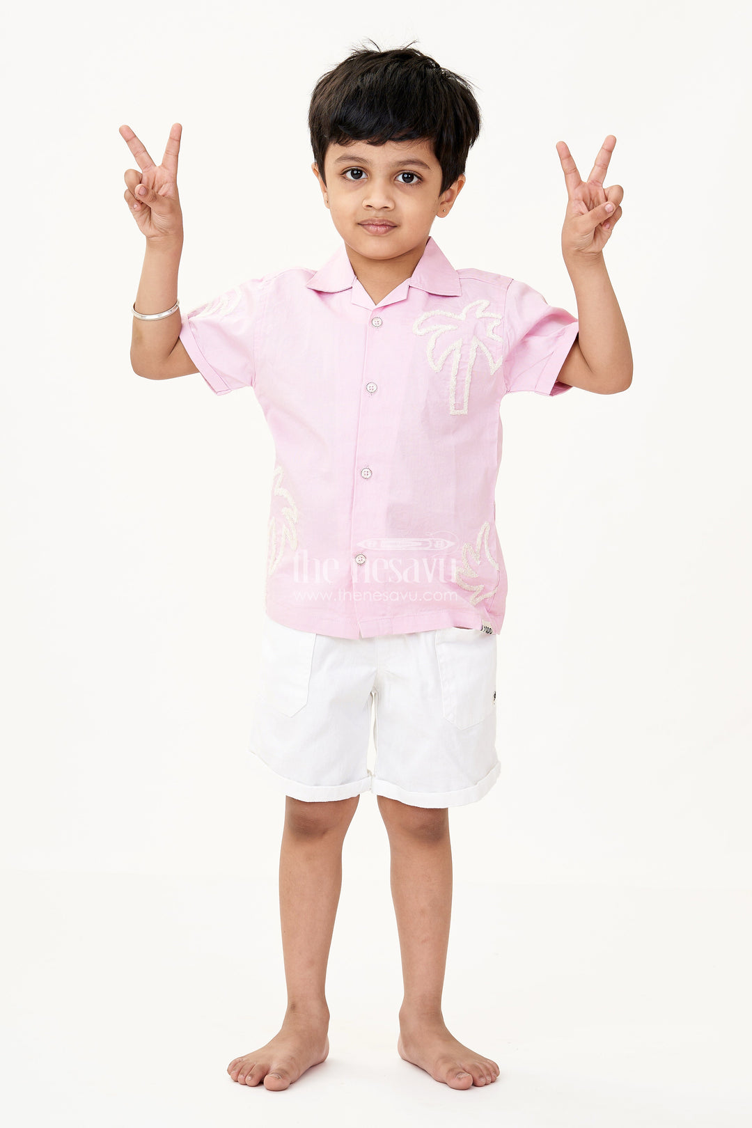 The Nesavu Boys Casual Set Boys Cotton Casual Classic Dresses with Chenille Embroidery Shirt and White Shorts in Soft Pink Nesavu 20 (3Y) / Pink BCS221A-20 Nesavu Boys Cotton Chenille Embroidered Shirt Shorts Set Pink Casual Classic Summer Outfit