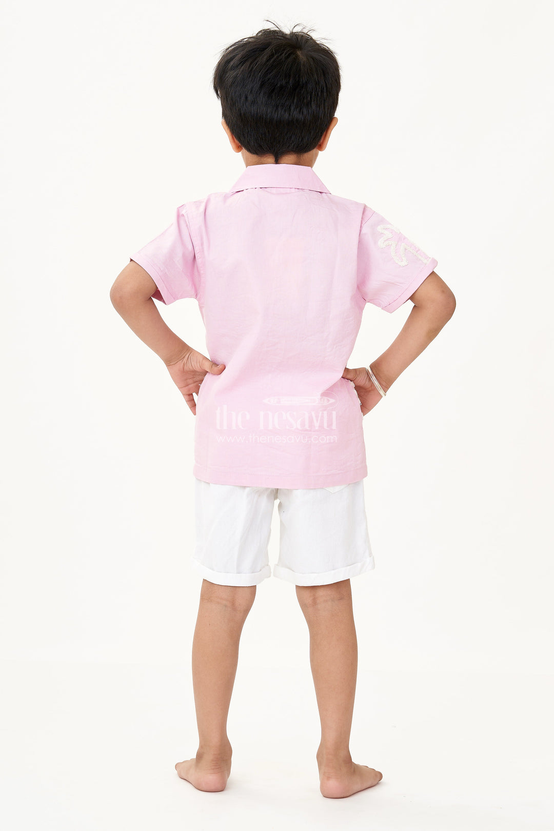 The Nesavu Boys Casual Set Boys Cotton Casual Classic Dresses with Chenille Embroidery Shirt and White Shorts in Soft Pink Nesavu Nesavu Boys Cotton Chenille Embroidered Shirt Shorts Set Pink Casual Classic Summer Outfit