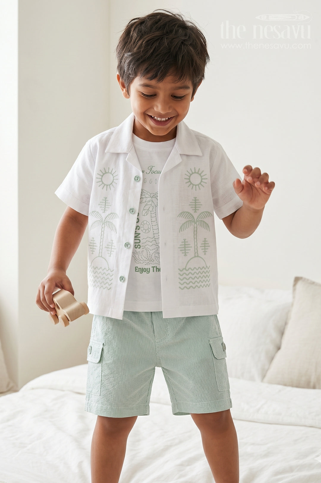The Nesavu Boys Casual Set Boys Cotton Casual Set for Daily Wear and Summer Comfort Nesavu 16 (1Y) / Green / Cotton BCS599C-16 Nesavu Boys Cotton Casual Set For Daily Wear With Thread Embroidery Comfortable Summer Outfit