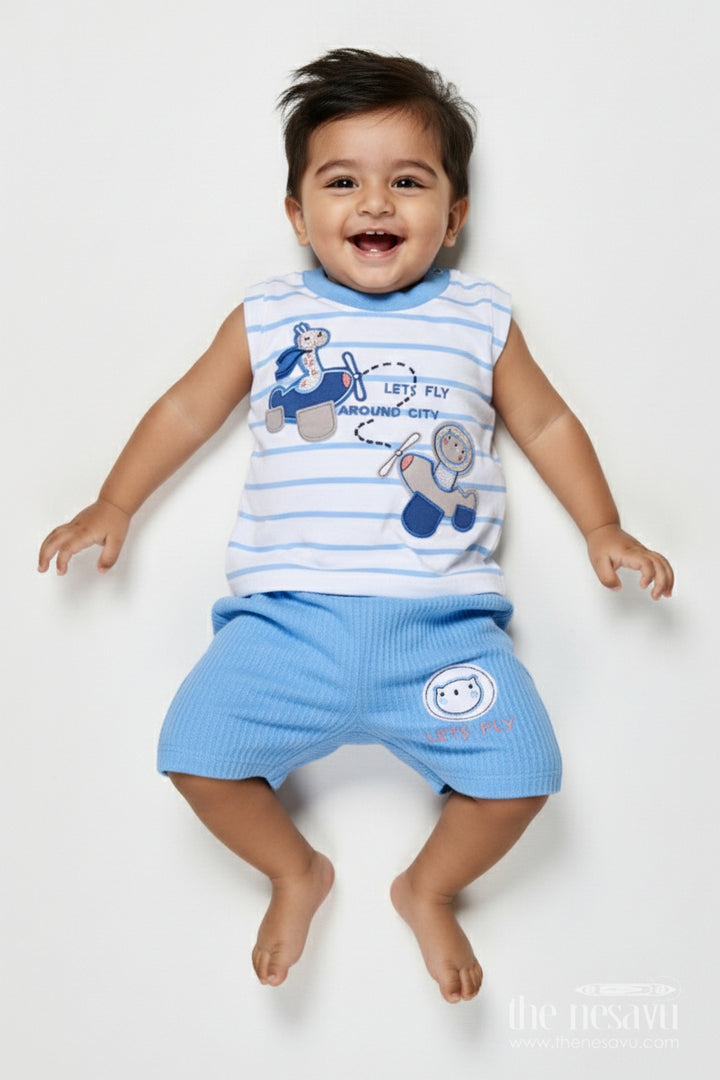 The Nesavu Boys Casual Set Boys Cotton Casual Set for Everyday Wear and Summer Fun Nesavu 14 (6M) / Blue BCS514A-14 Nesavu boys cotton casual wear set striped tee shorts daily comfort