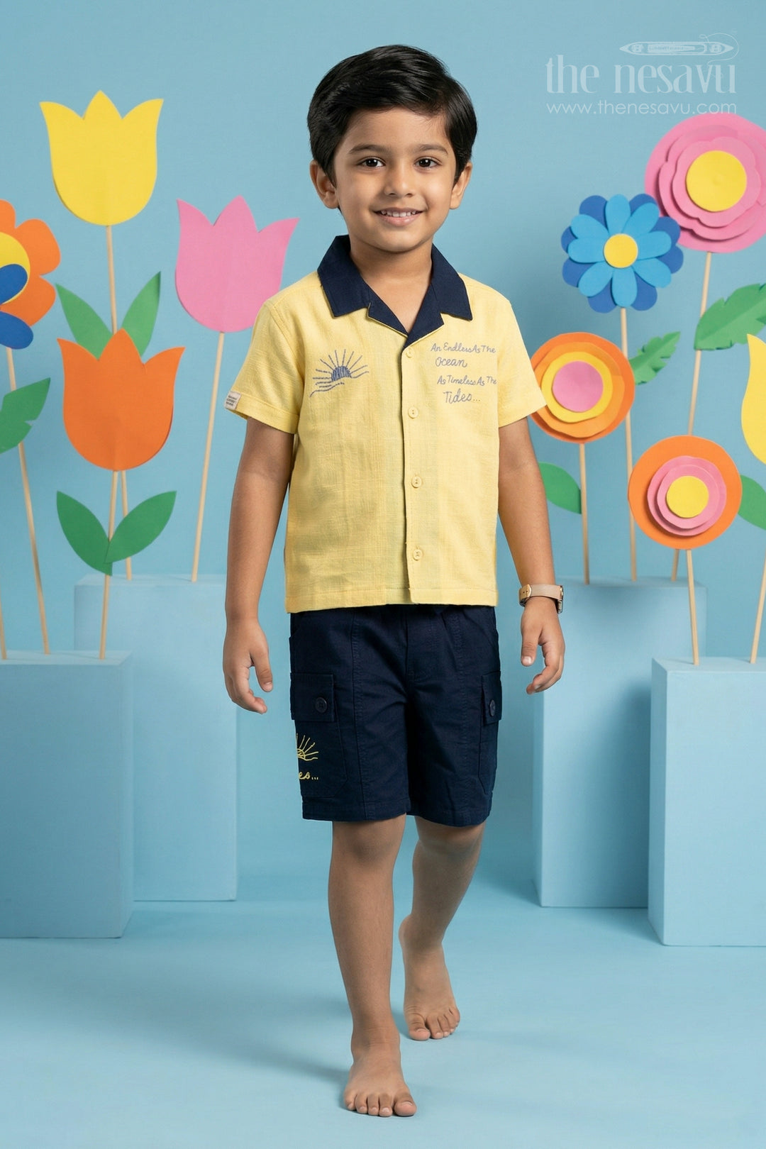 The Nesavu Boys Casual Set Boys Cotton Casual Set for Playtime and Everyday Comfort Nesavu 16 (1Y) / Yellow / Cotton BCS587B-16 Nesavu boys cotton casual set for playtime with breathable fabric and easy fit shorts everyday wear