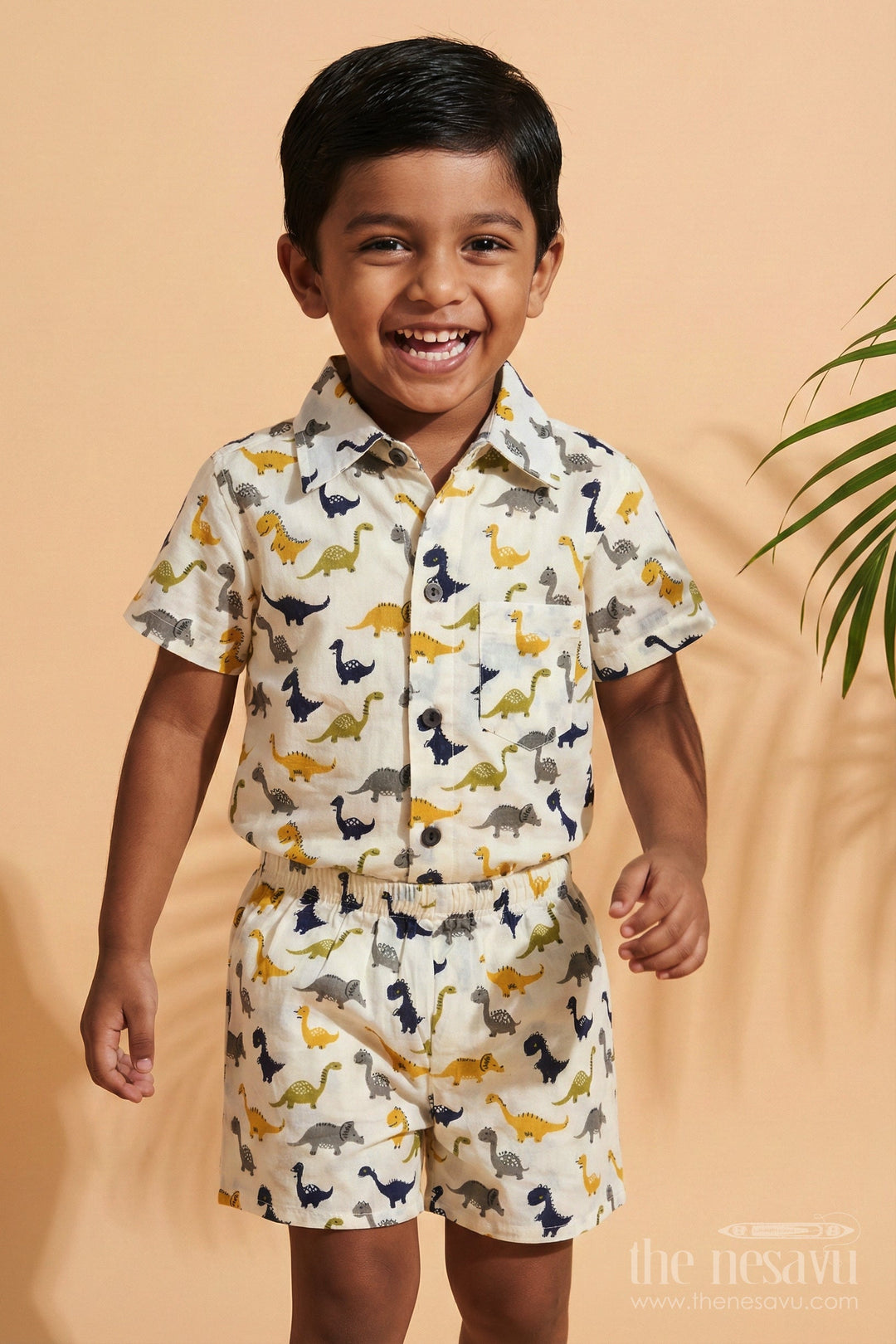 The Nesavu Boys Casual Set Boys Cotton Casual Set with Dinosaur Print for Everyday Adventures Nesavu Nesavu boys cotton casual set with dinosaur digital print – fun and comfy outfit for toddlers