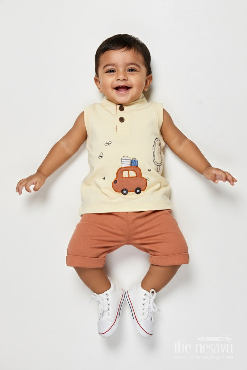 The Nesavu Boys Casual Set Boys Cotton Casual Set with Embroidery for Outings and Playdates Nesavu 14 (6M) / Yellow BCS510A-14 Nesavu boys cotton casual wear set embroidery everyday outings play