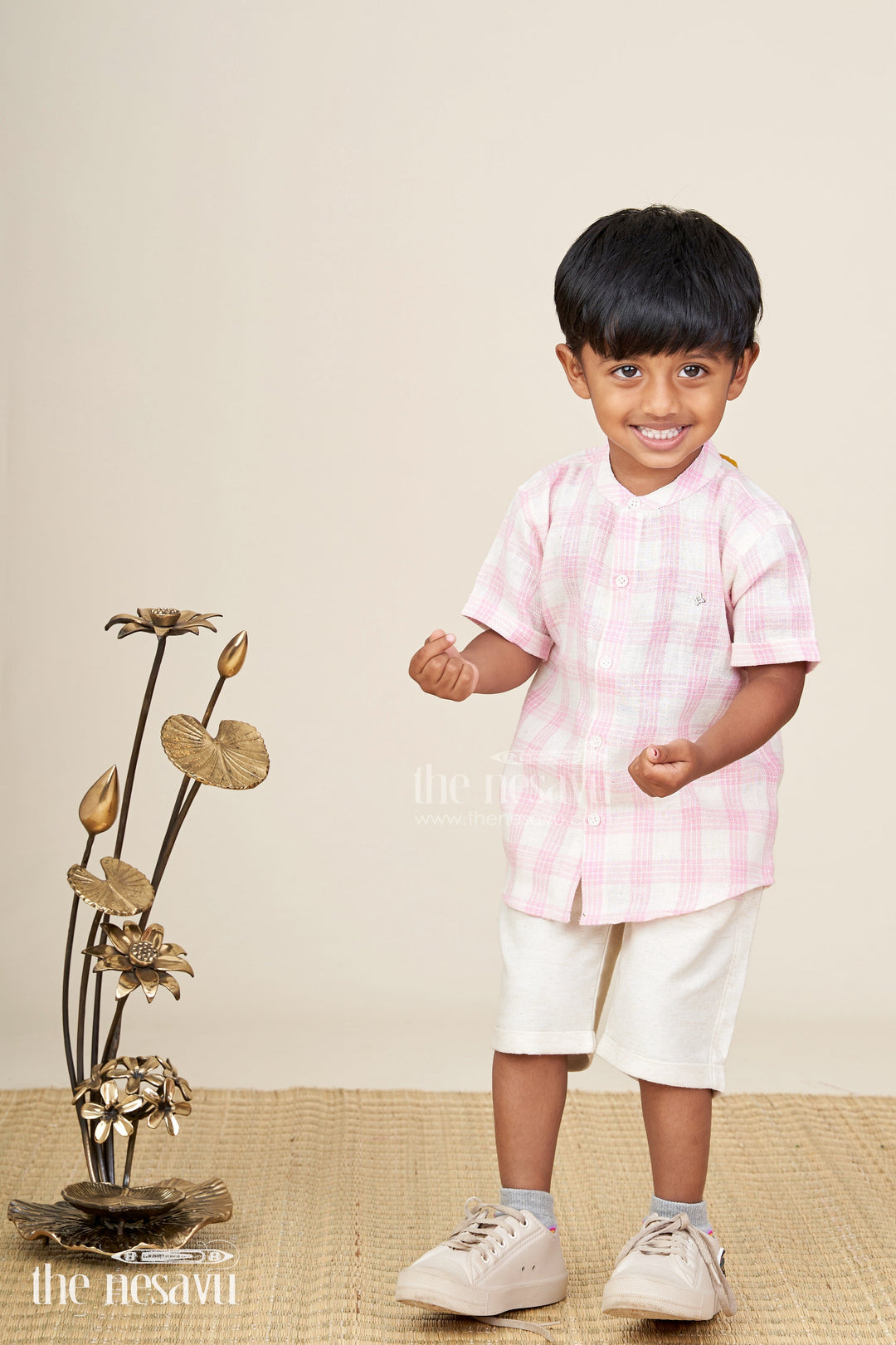 The Nesavu Boys Casual Set Boys cotton casual set with pink checks for everyday and play Nesavu Nesavu boys cotton checked shirt shorts set pink  ideal summer outings